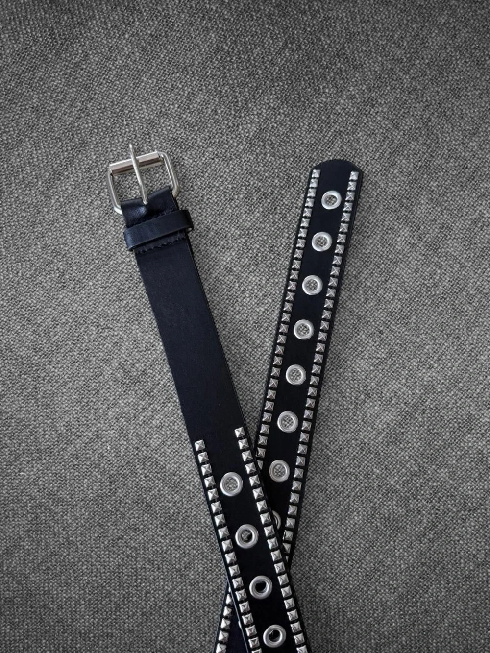 Black Faux Leather Wide Grommet Belt Silver Studded Punk Y2K 44 Inch